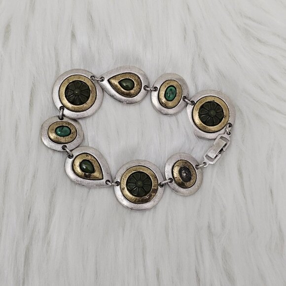 Vintage Retro Silver Gold Tone Floral Green Disc Art Deco Metal Bracelet - Picture 5 of 6